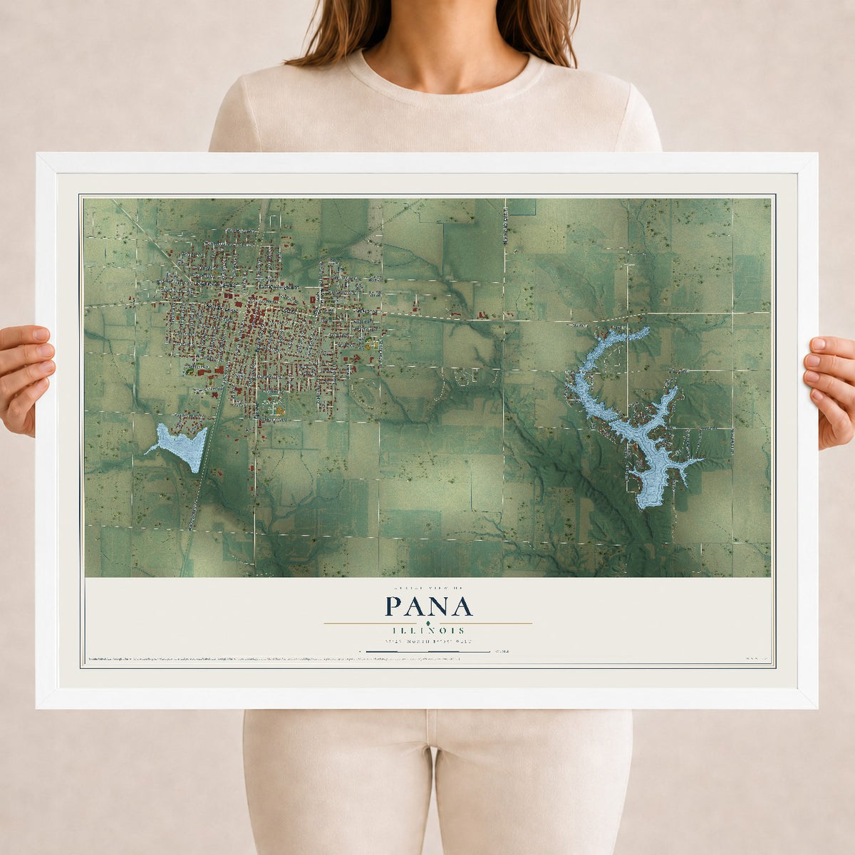 Map of Pana, Illinois, 18 x 24 inch print in a white wood frame