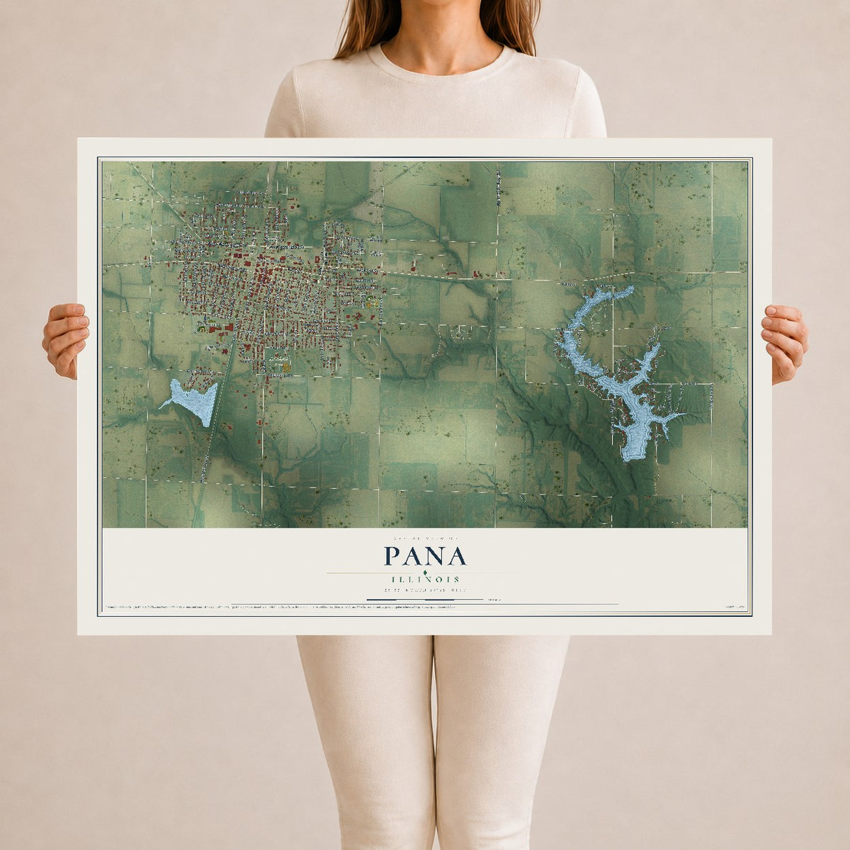 Map of Pana, Illinois, 24 x 36 inch unframed archival matte print