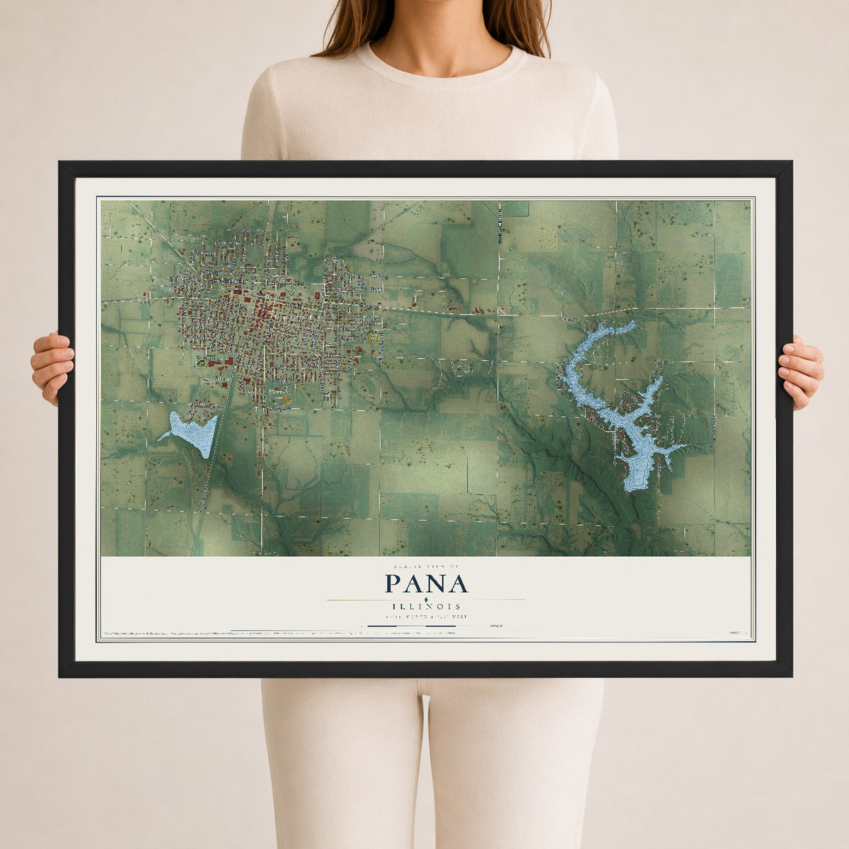 Map of Pana, Illinois, 24 x 36 inch print in a black wood frame