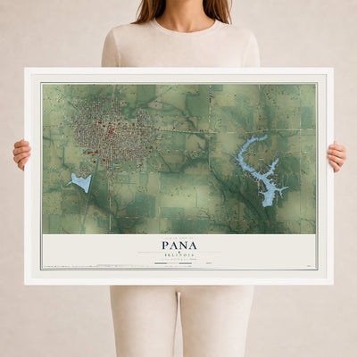 Map of Pana, Illinois, 24 x 36 inch print in a white wood frame