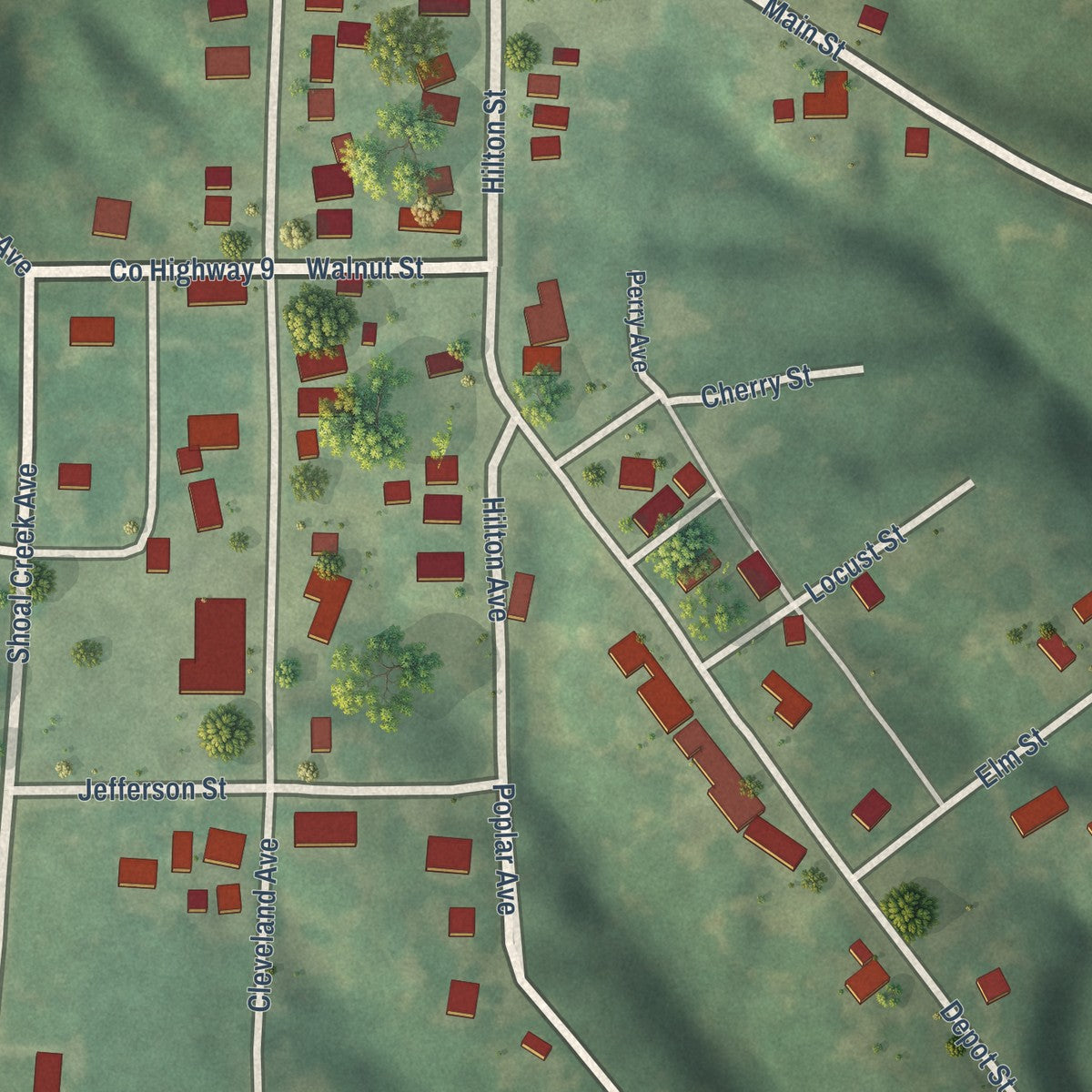 Close-up of the map of Panama, Illinois print showing street and building detail