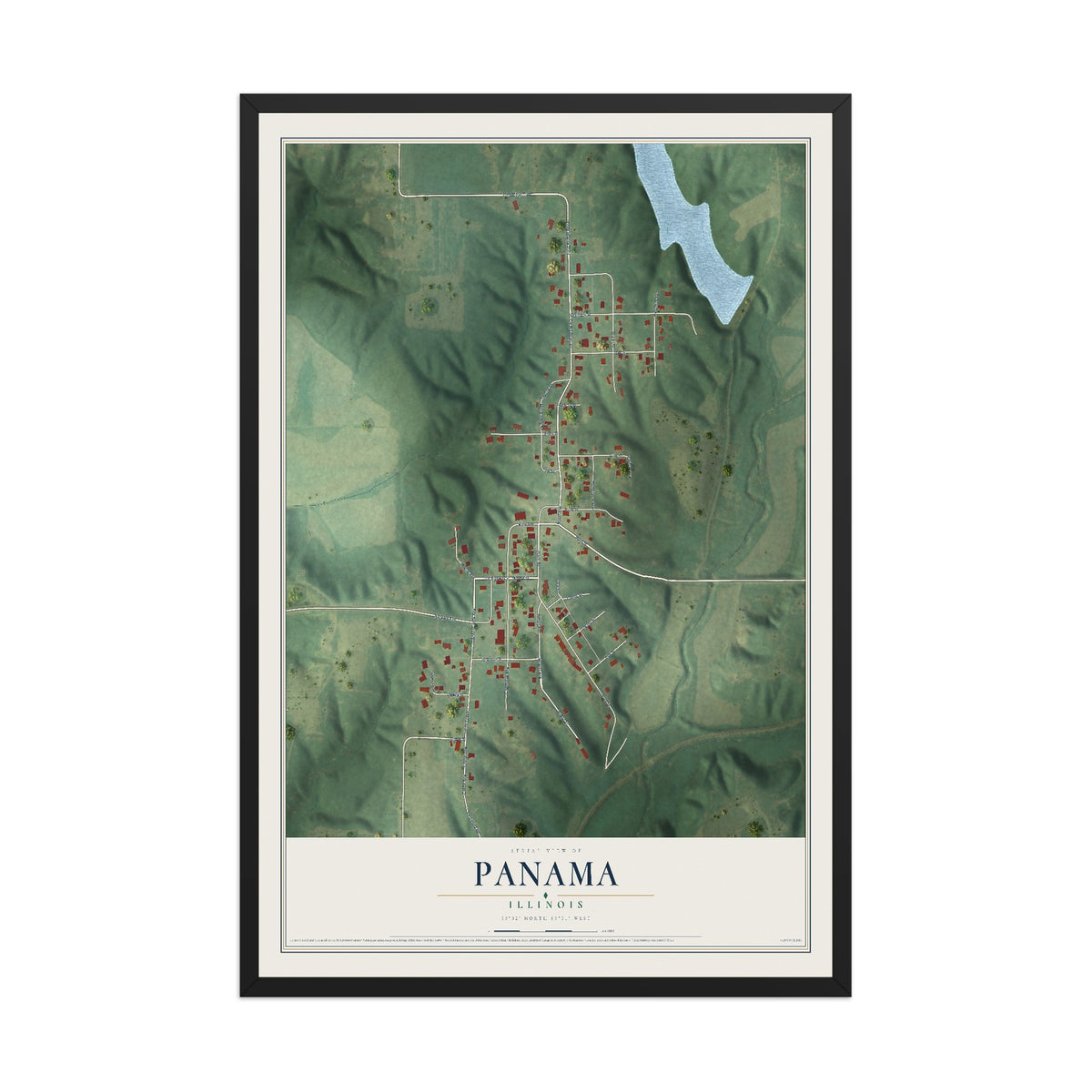 Map of Panama, Illinois, 12 x 18 inch print in a black wood frame