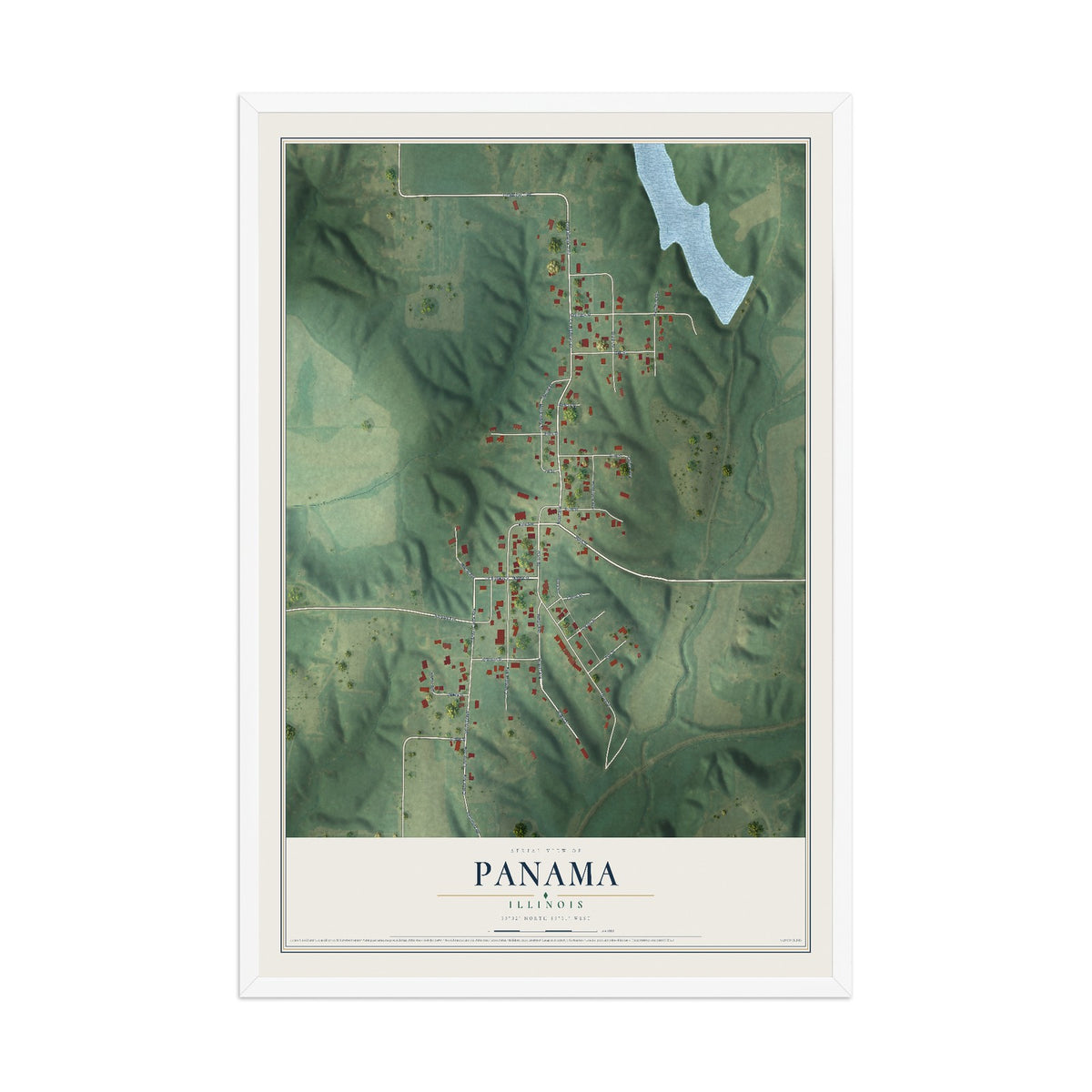 Map of Panama, Illinois, 12 x 18 inch print in a white wood frame