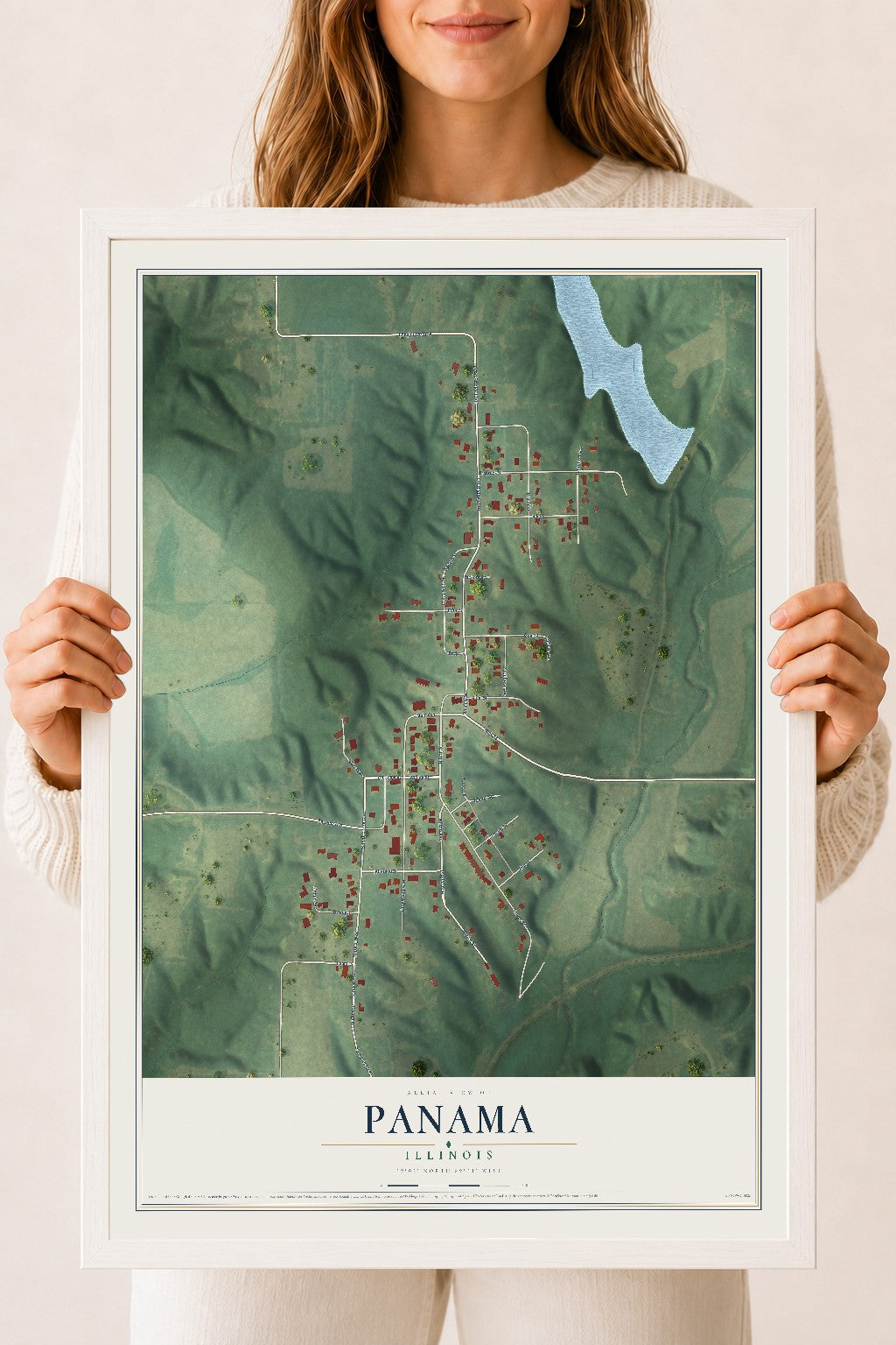 Map of Panama, Illinois, 18 x 24 inch print in a white wood frame