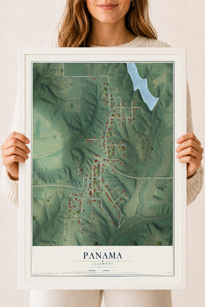 Map of Panama, Illinois, 18 x 24 inch print in a white wood frame
