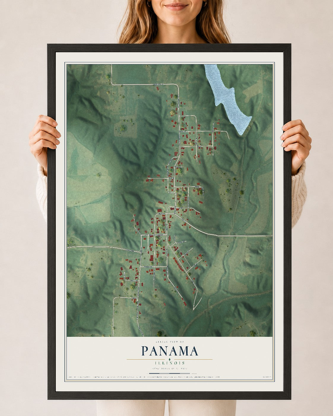 Map of Panama, Illinois, 24 x 36 inch print in a black wood frame