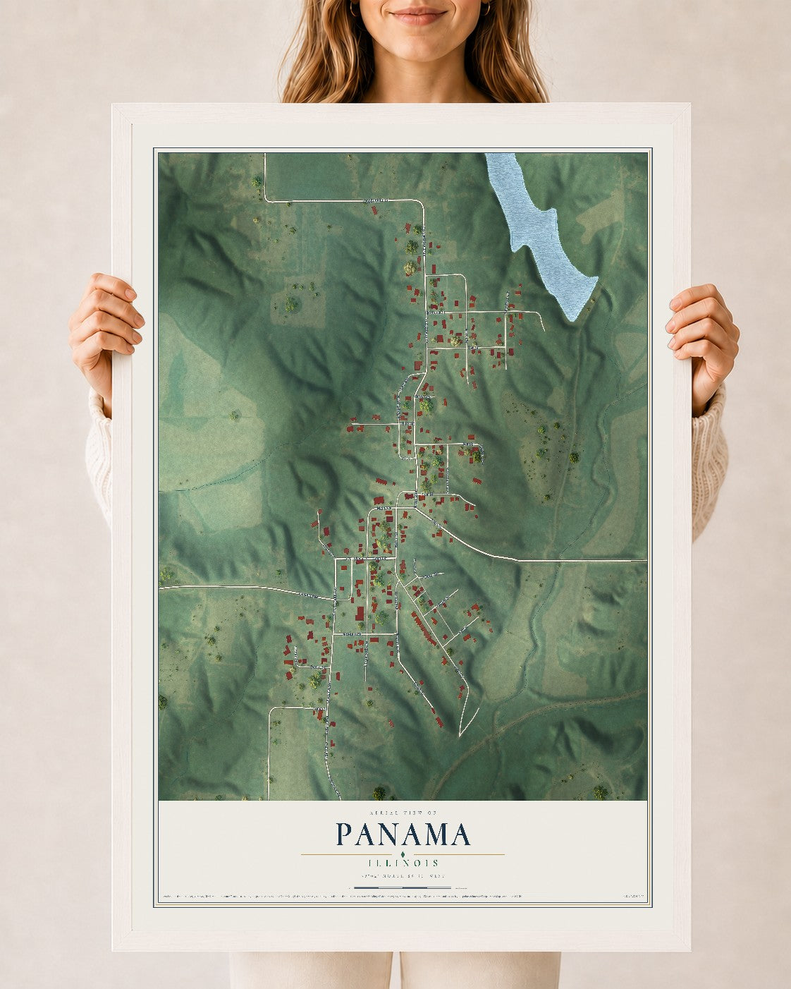 Map of Panama, Illinois, 24 x 36 inch print in a white wood frame
