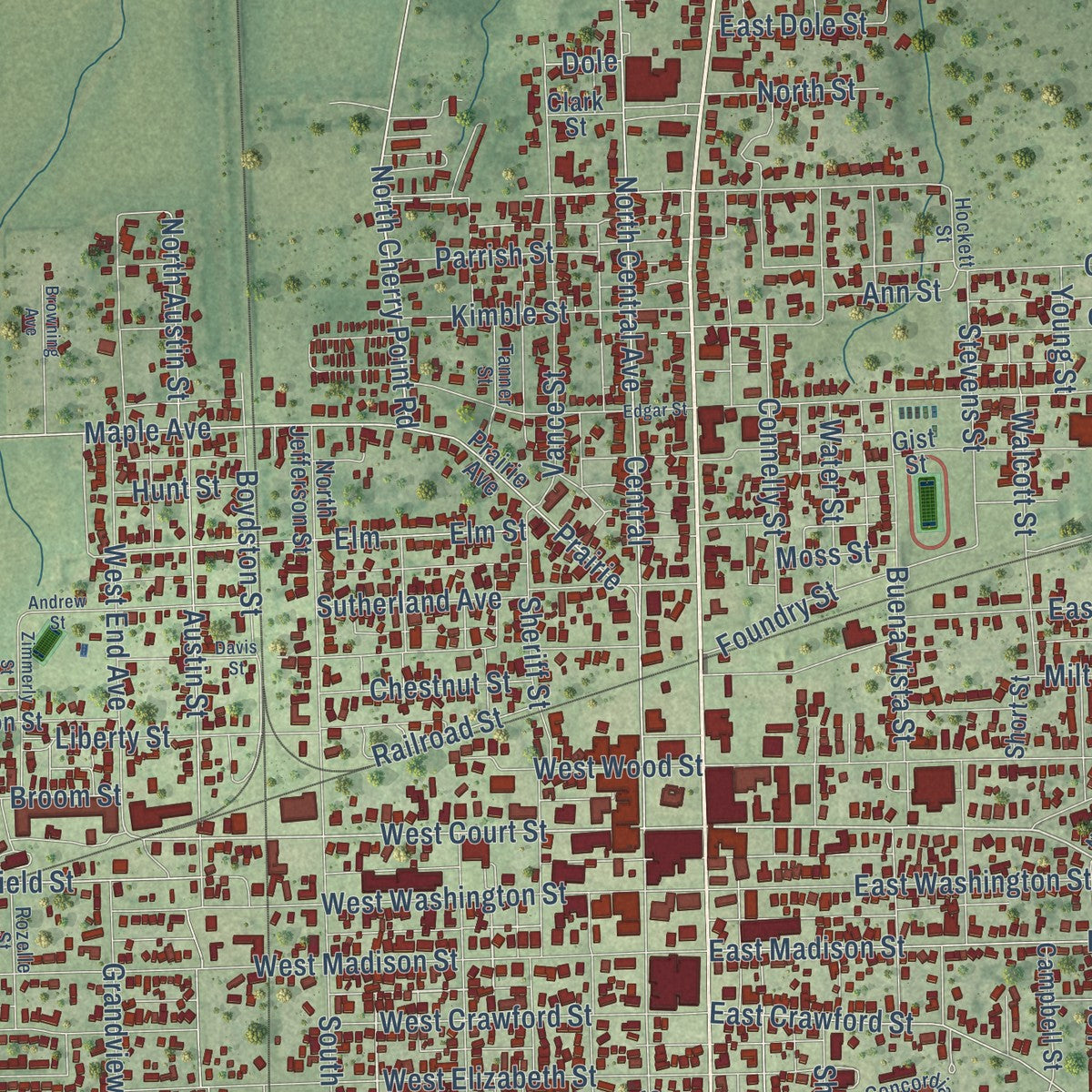Close-up of the map of Paris, Illinois print showing street and building detail