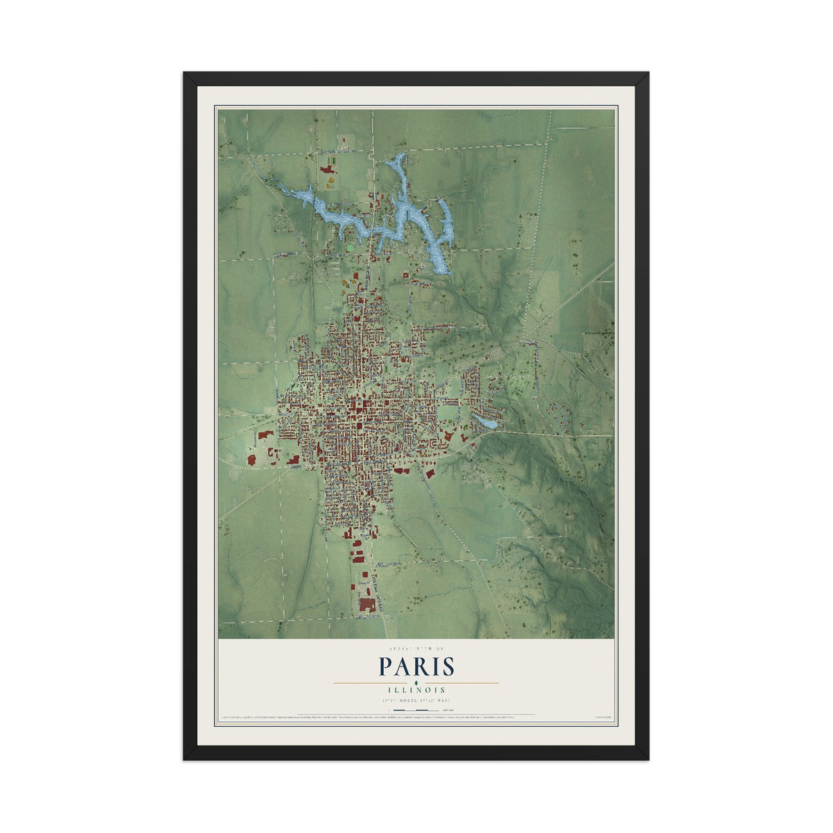 Map of Paris, Illinois, 12 x 18 inch print in a black wood frame