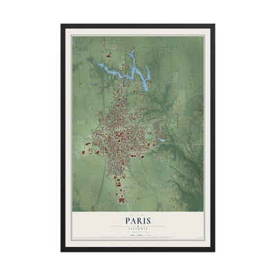 Map of Paris, Illinois, 12 x 18 inch print in a black wood frame