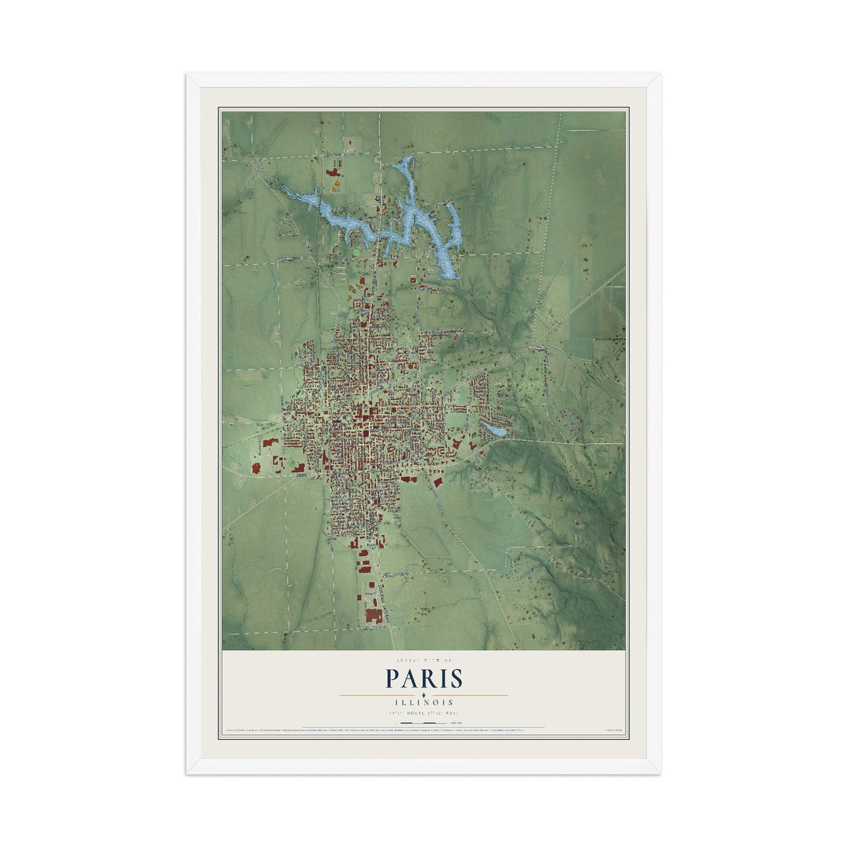 Map of Paris, Illinois, 12 x 18 inch print in a white wood frame