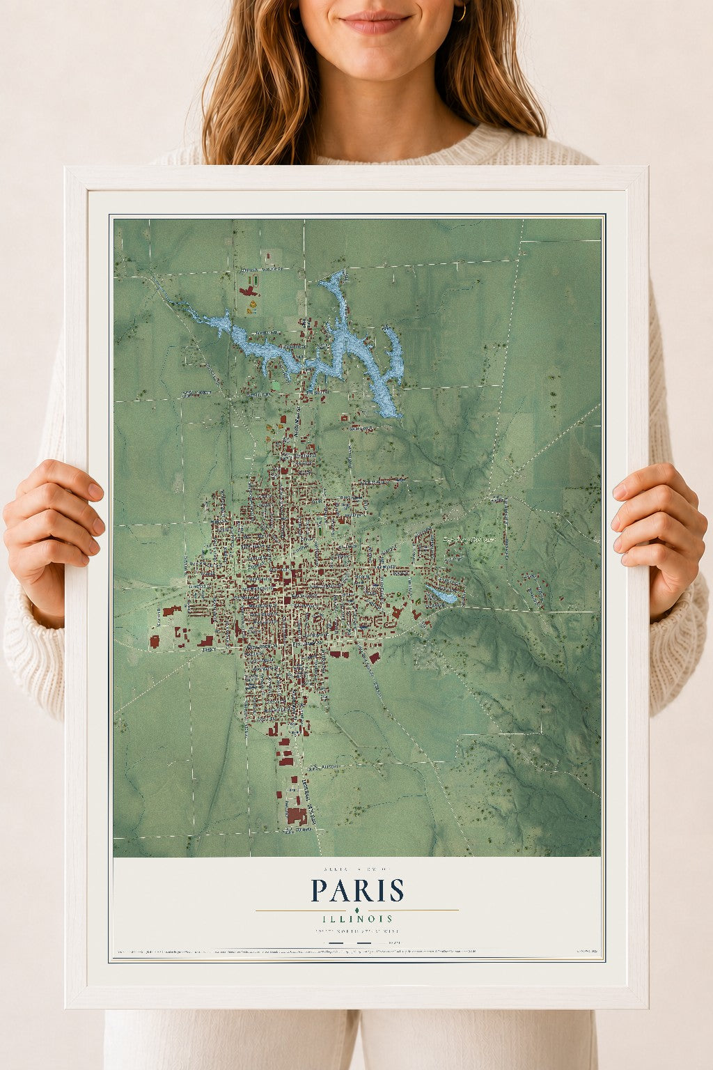 Map of Paris, Illinois, 18 x 24 inch print in a white wood frame