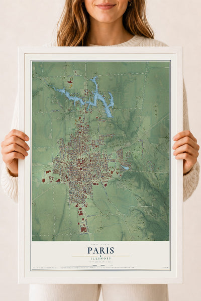 Map of Paris, Illinois, 18 x 24 inch print in a white wood frame