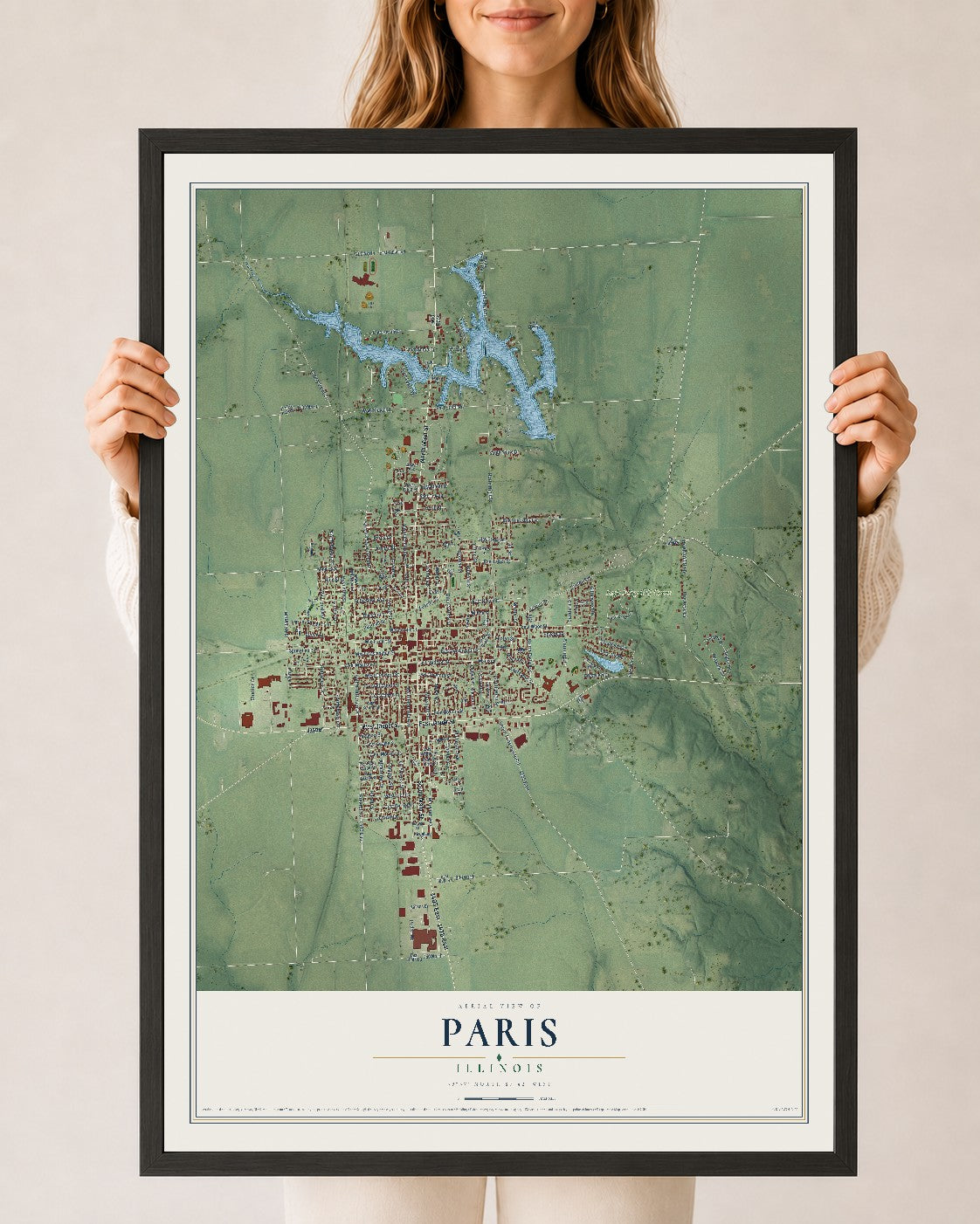 Map of Paris, Illinois, 24 x 36 inch print in a black wood frame