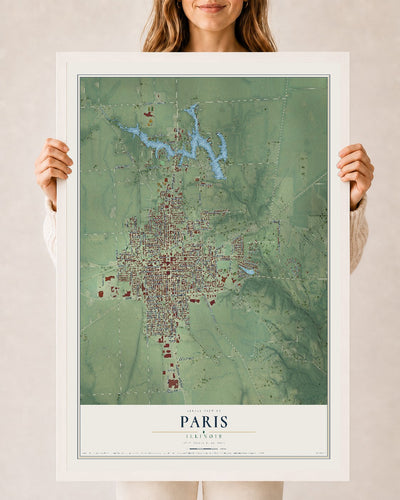 Map of Paris, Illinois, 24 x 36 inch print in a white wood frame