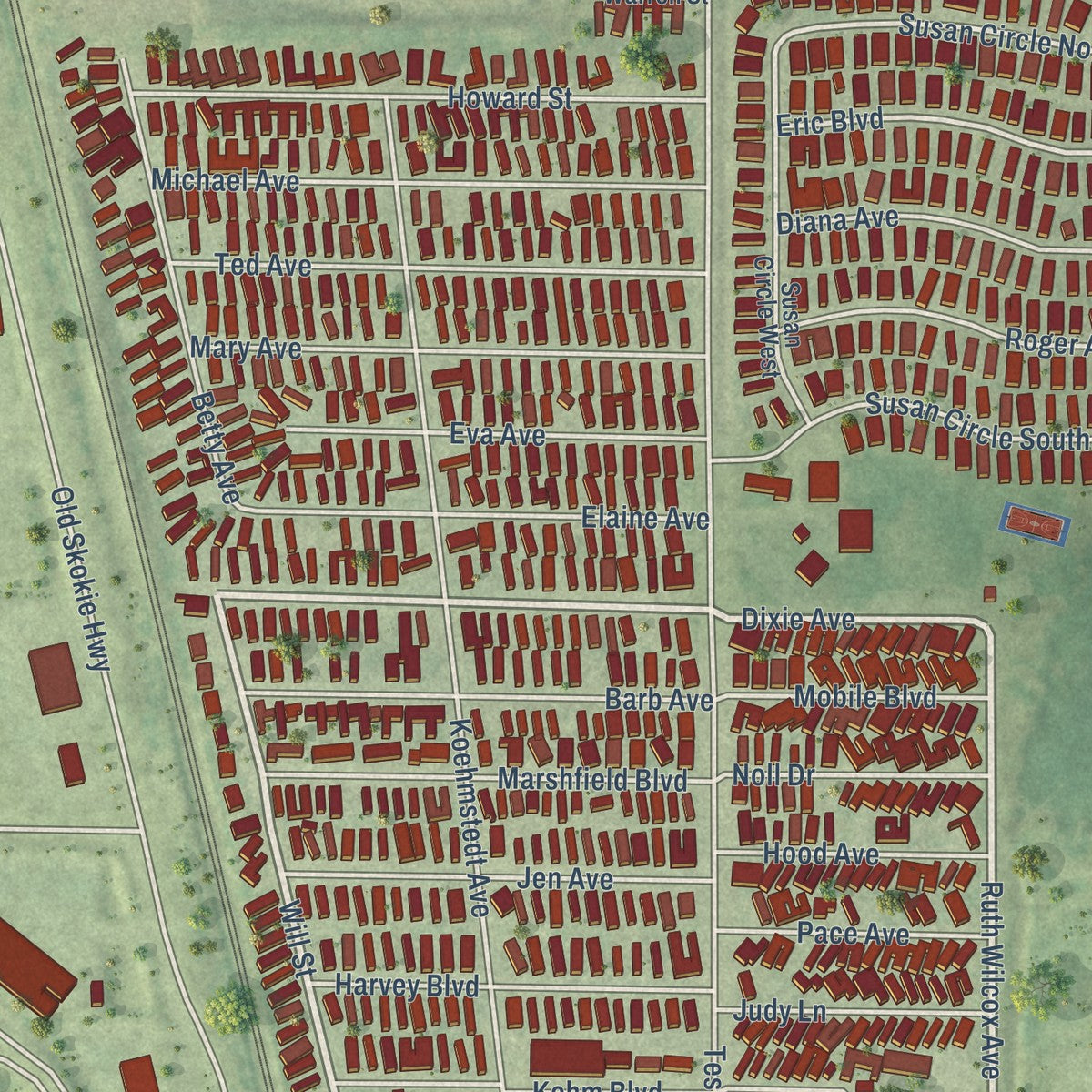 Close-up of the map of Park City, Illinois print showing street and building detail