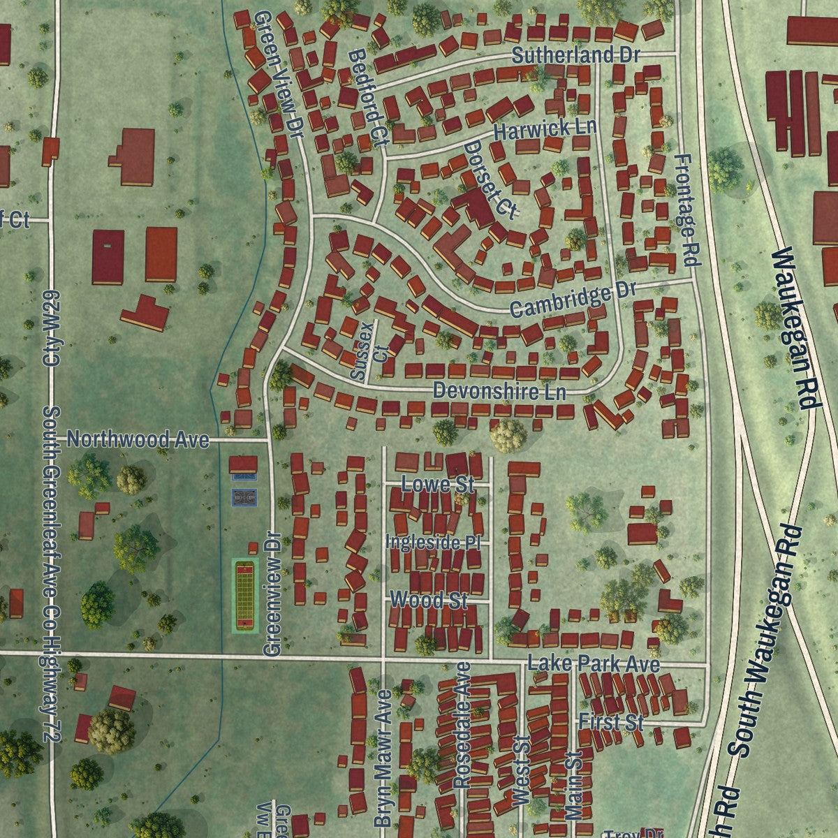 Second close-up of the map of Park City, Illinois print showing more streets and buildings
