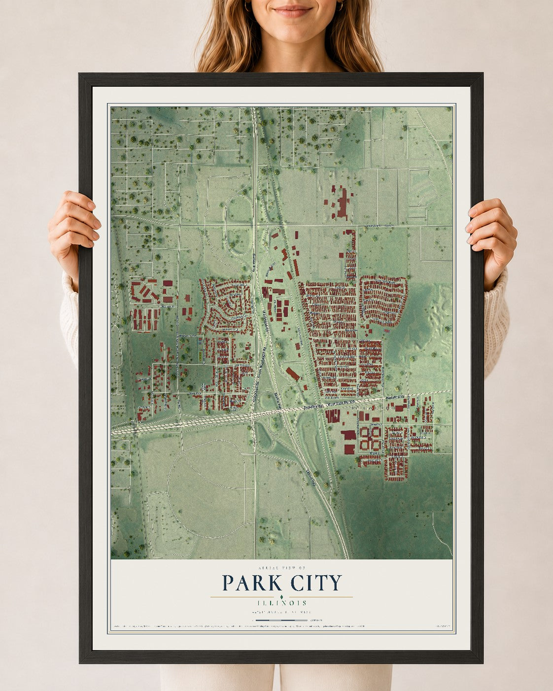Map of Park City, Illinois, 24 x 36 inch print in a black wood frame