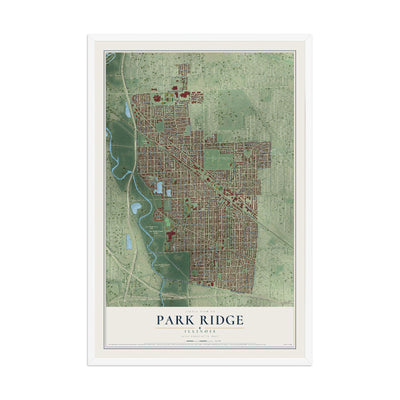 Map of Park Ridge, Illinois, 12 x 18 inch print in a white wood frame
