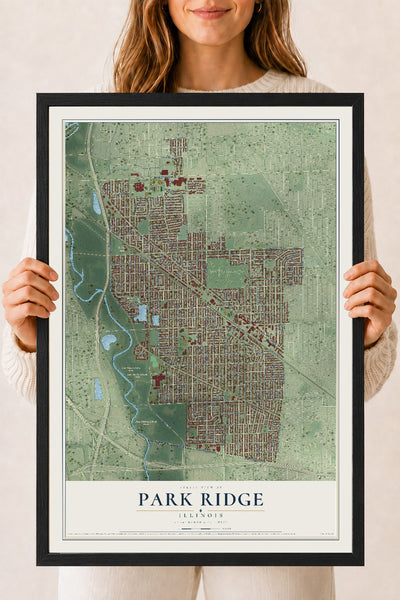 Map of Park Ridge, Illinois, 18 x 24 inch print in a black wood frame