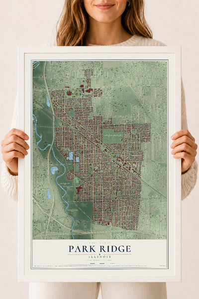Map of Park Ridge, Illinois, 18 x 24 inch print in a white wood frame