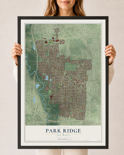 Map of Park Ridge, Illinois, 24 x 36 inch print in a black wood frame