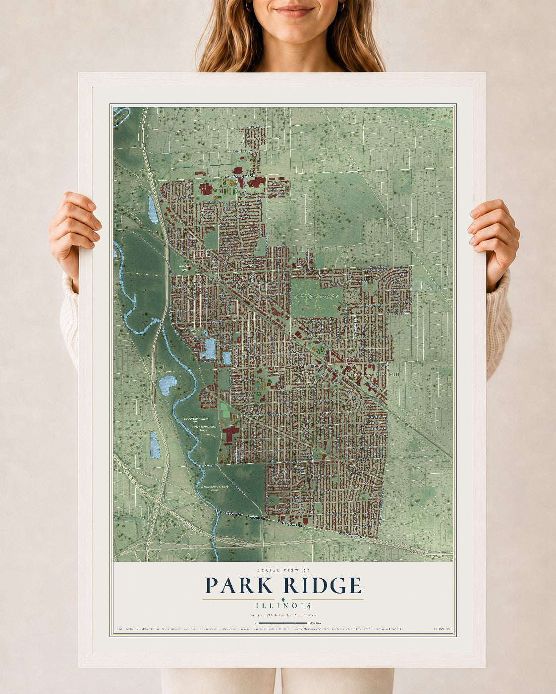 Map of Park Ridge, Illinois, 24 x 36 inch print in a white wood frame
