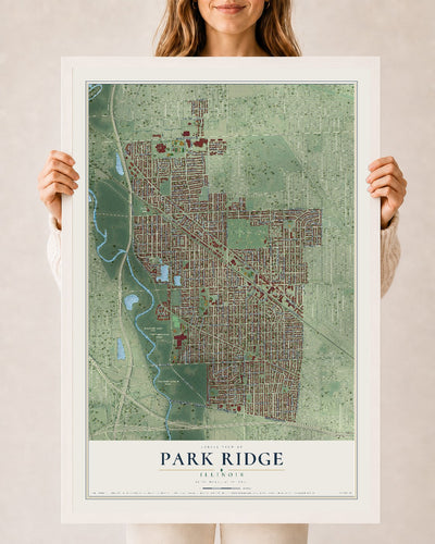 Map of Park Ridge, Illinois, 24 x 36 inch print in a white wood frame