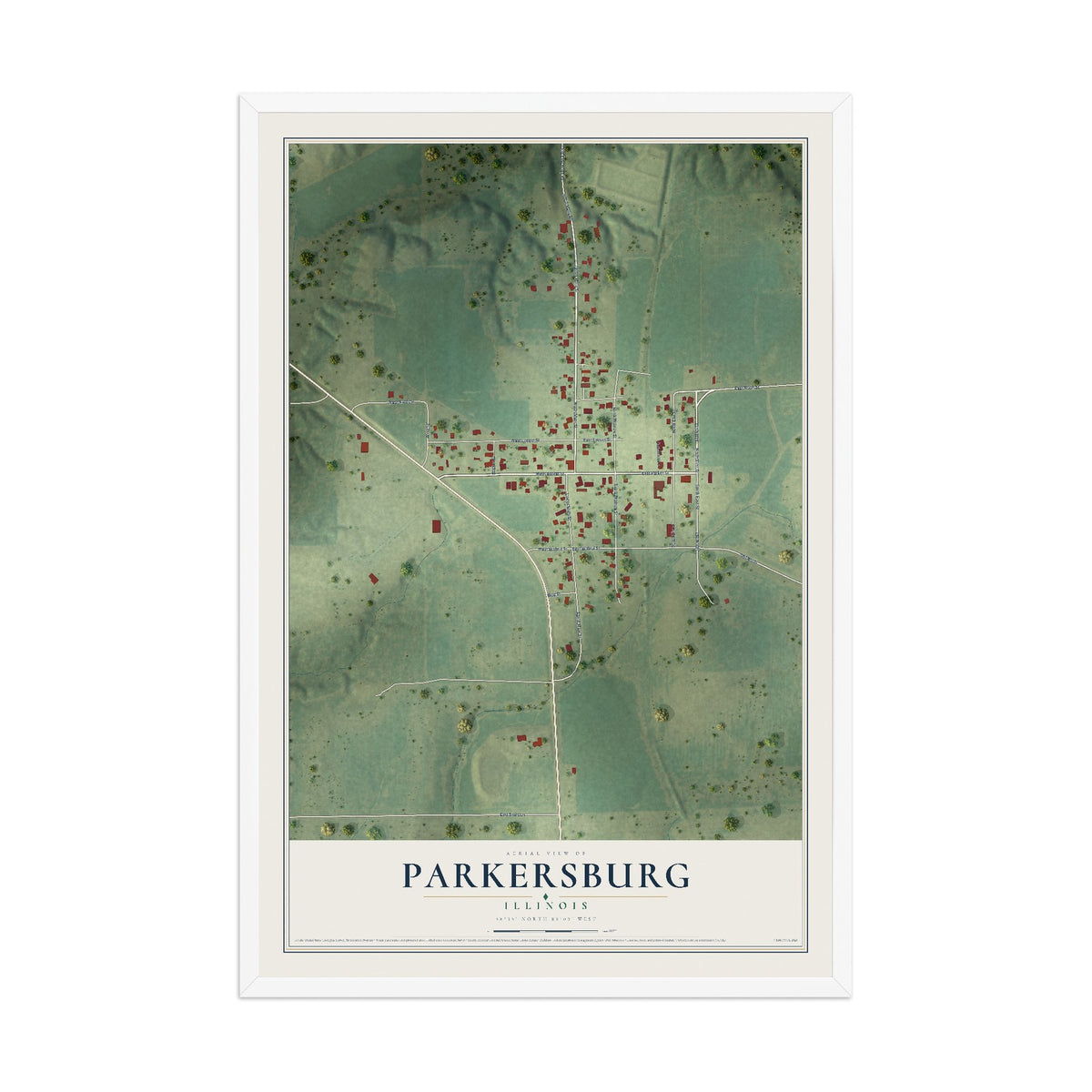 Map of Parkersburg, Illinois, 12 x 18 inch print in a white wood frame