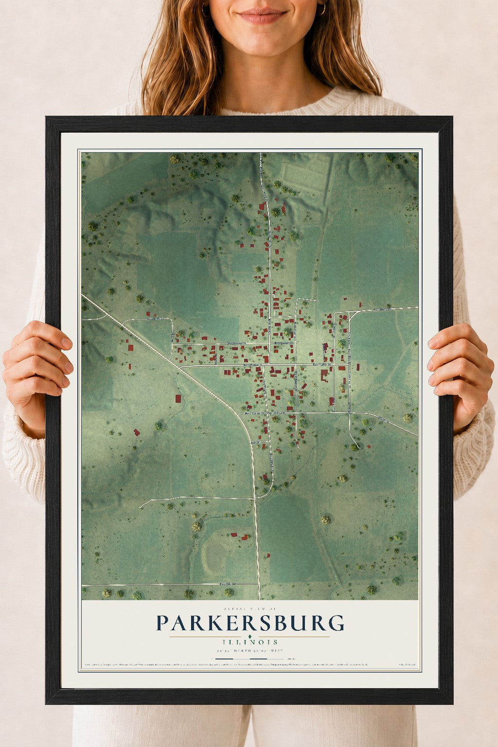 Map of Parkersburg, Illinois, 18 x 24 inch print in a black wood frame