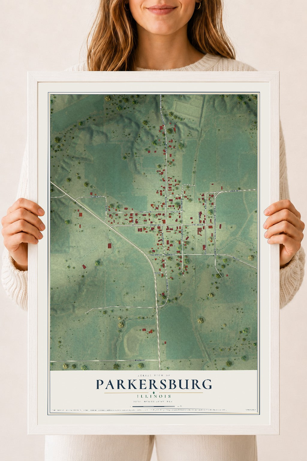 Map of Parkersburg, Illinois, 18 x 24 inch print in a white wood frame