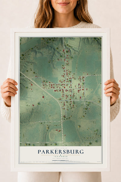 Map of Parkersburg, Illinois, 18 x 24 inch print in a white wood frame