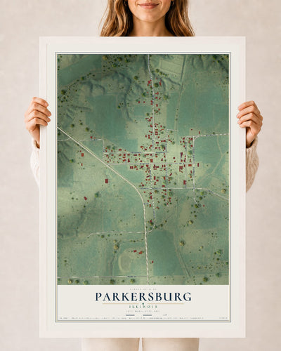 Map of Parkersburg, Illinois, 24 x 36 inch print in a white wood frame