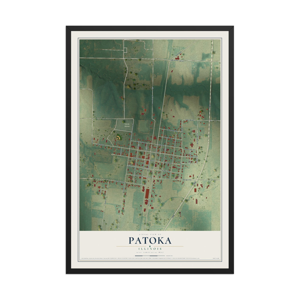 Map of Patoka, Illinois, 12 x 18 inch print in a black wood frame