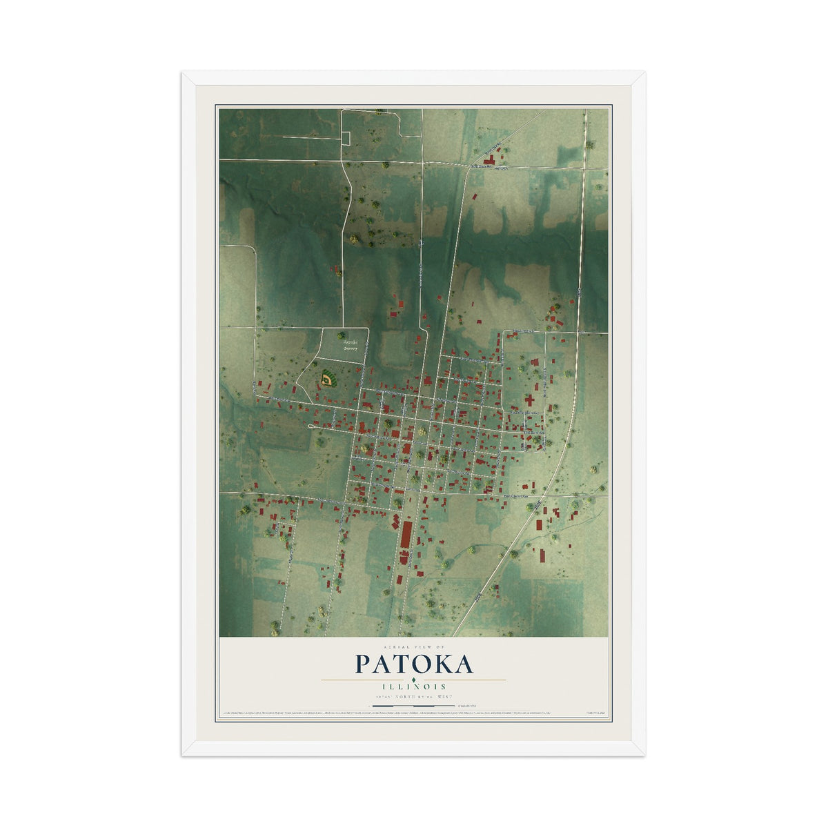 Map of Patoka, Illinois, 12 x 18 inch print in a white wood frame