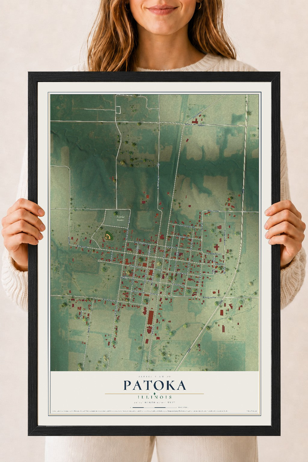 Map of Patoka, Illinois, 18 x 24 inch print in a black wood frame