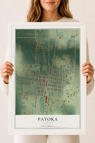 Map of Patoka, Illinois, 18 x 24 inch print in a white wood frame