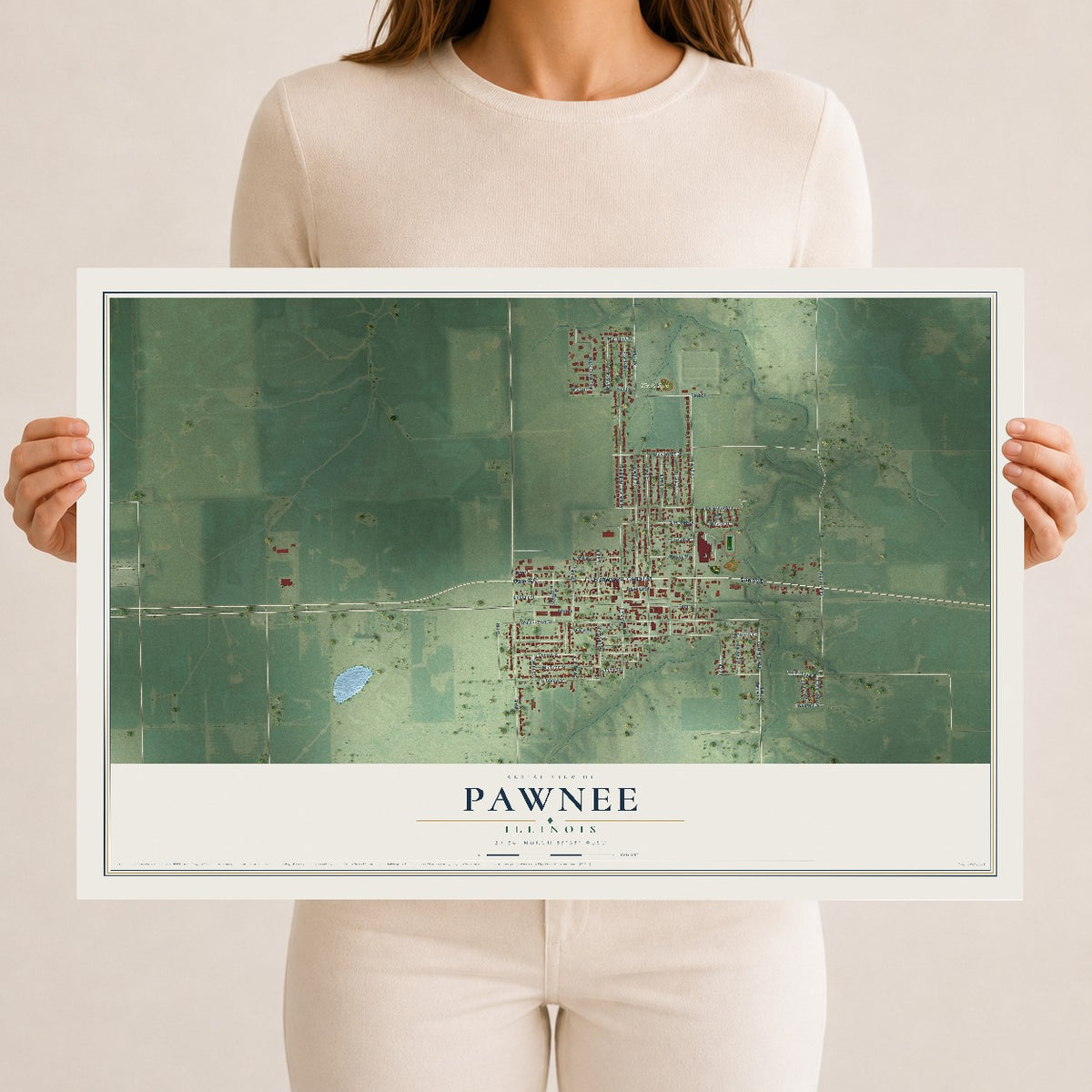 Map of Pawnee, Illinois, 12 x 18 inch unframed archival matte print