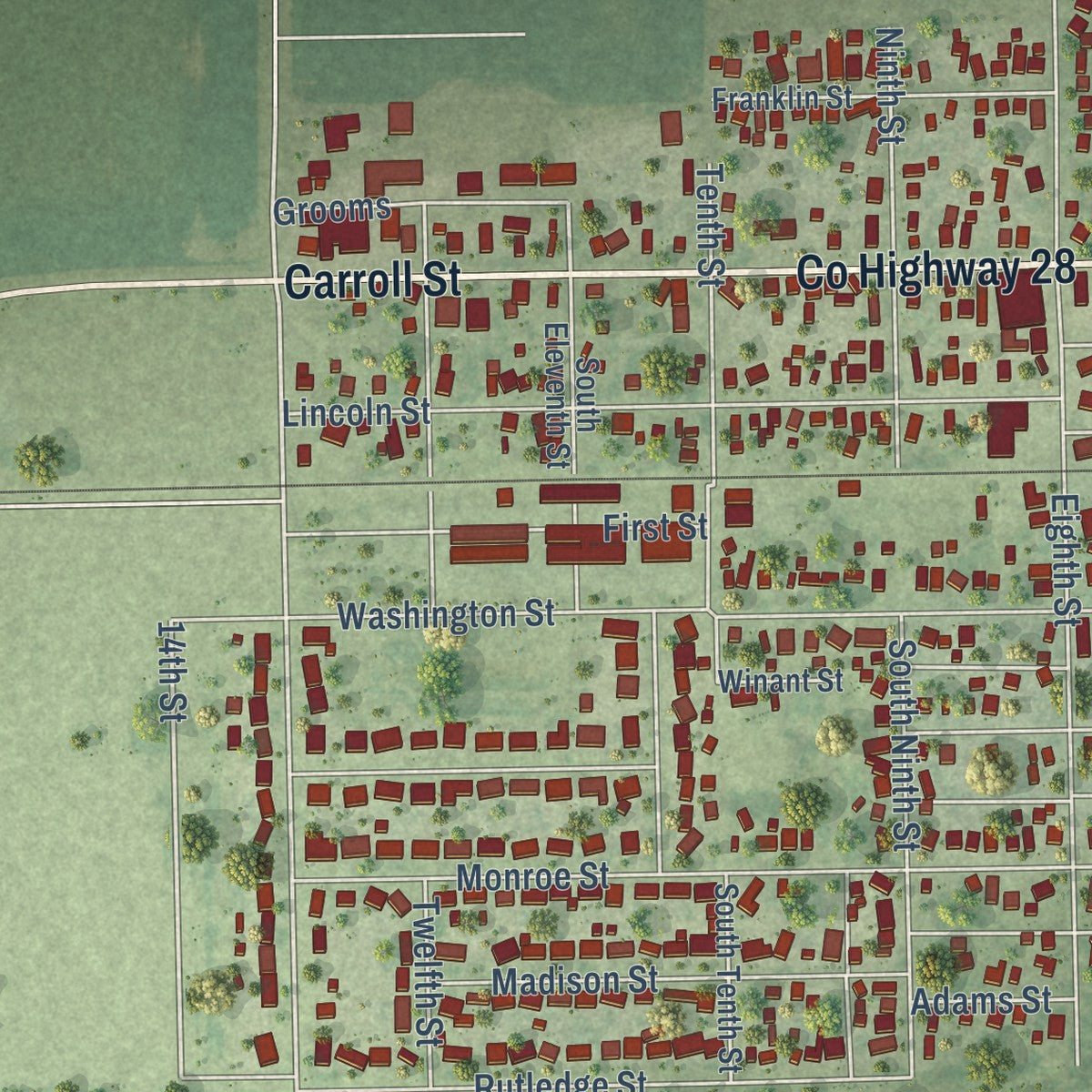 Close-up of the map of Pawnee, Illinois print showing street and building detail