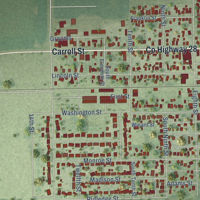 Close-up of the map of Pawnee, Illinois print showing street and building detail