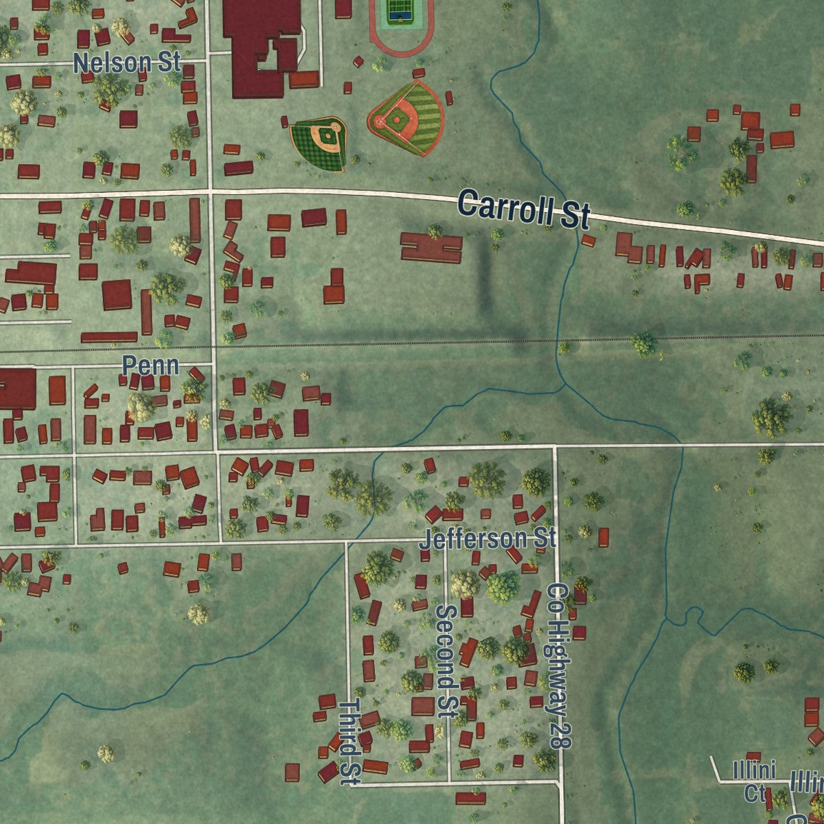 Second close-up of the map of Pawnee, Illinois print showing more streets and buildings