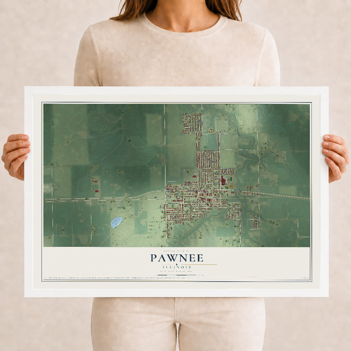 Map of Pawnee, Illinois, 12 x 18 inch print in a white wood frame