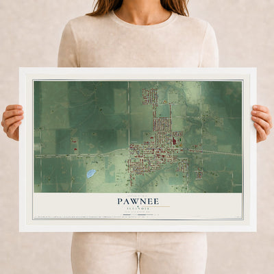 Map of Pawnee, Illinois, 12 x 18 inch print in a white wood frame