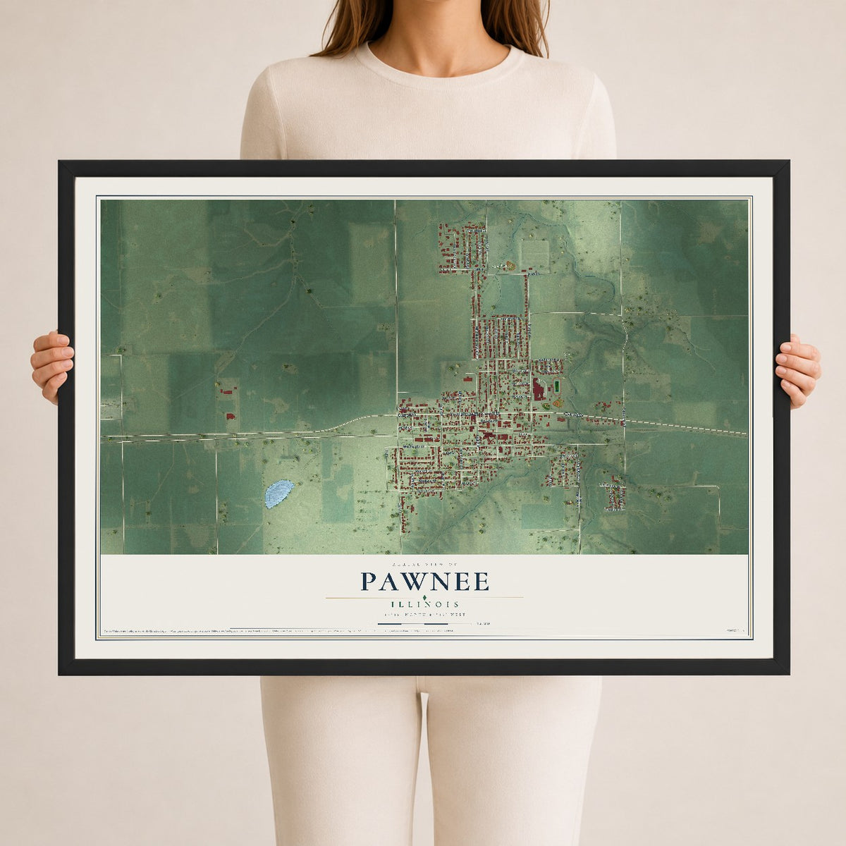 Map of Pawnee, Illinois, 24 x 36 inch print in a black wood frame