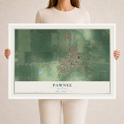 Map of Pawnee, Illinois, 24 x 36 inch print in a white wood frame