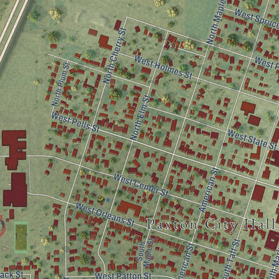 Close-up of the map of Paxton, Illinois print showing street and building detail