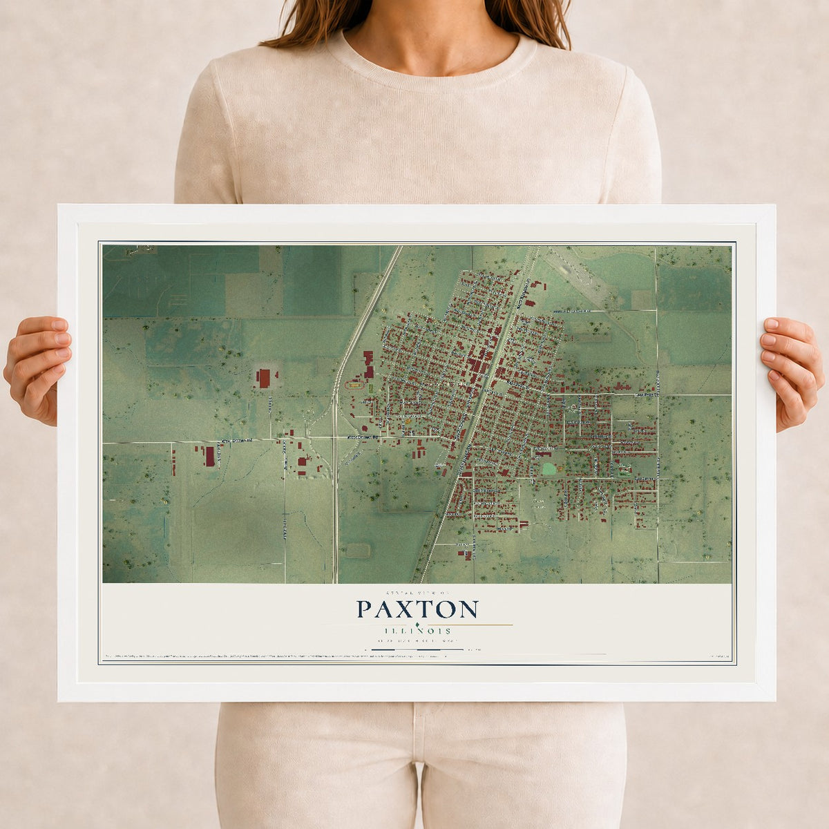 Map of Paxton, Illinois, 12 x 18 inch print in a white wood frame