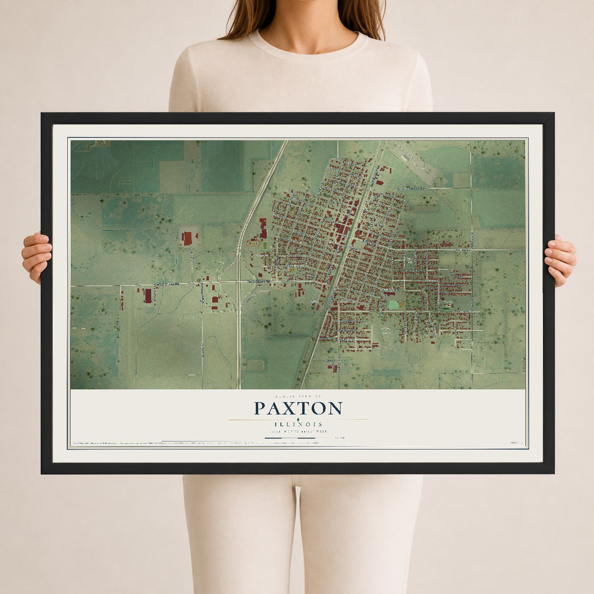 Map of Paxton, Illinois, 24 x 36 inch print in a black wood frame