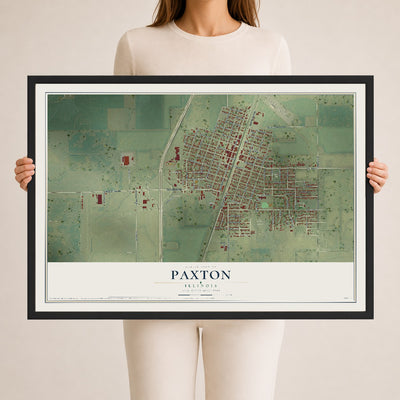 Map of Paxton, Illinois, 24 x 36 inch print in a black wood frame