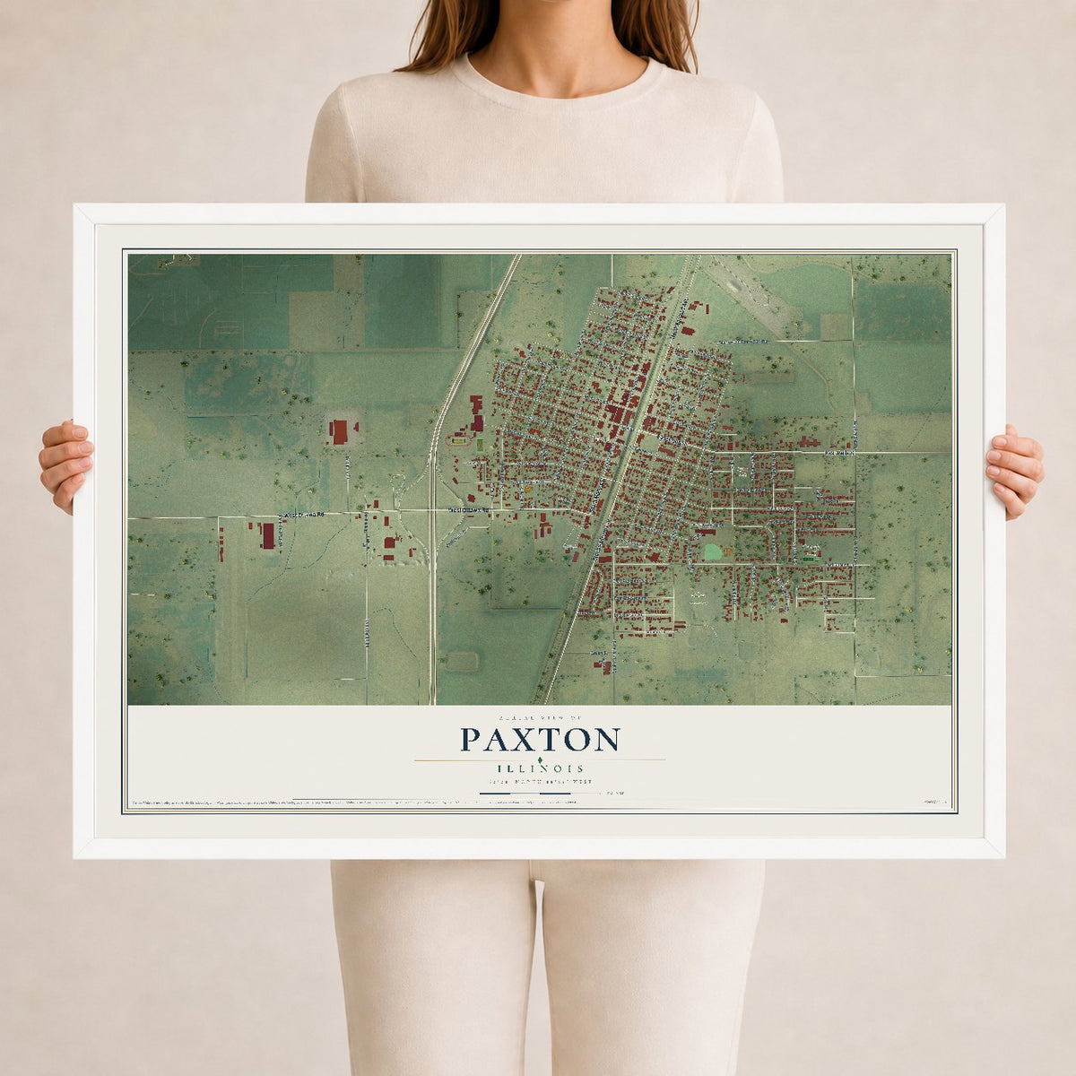 Map of Paxton, Illinois, 24 x 36 inch print in a white wood frame